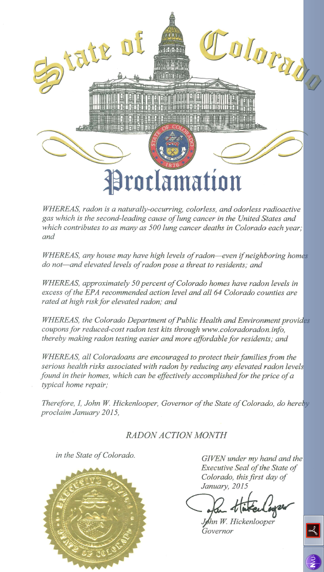 Colorado Proclamation January Radon Action Month, 2016