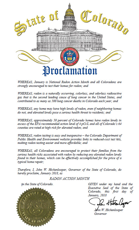 Colorado Proclamation by Governor Hickenlooper, January 2018